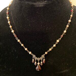 Garnet and pearl silver necklace